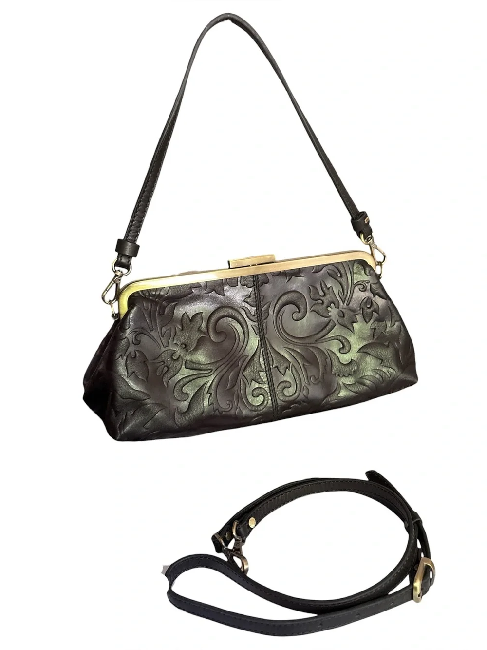 Gianni Conti embossed leather Framed Handbag KissLock Closure crossbody shoulder - Picture 5 of 9